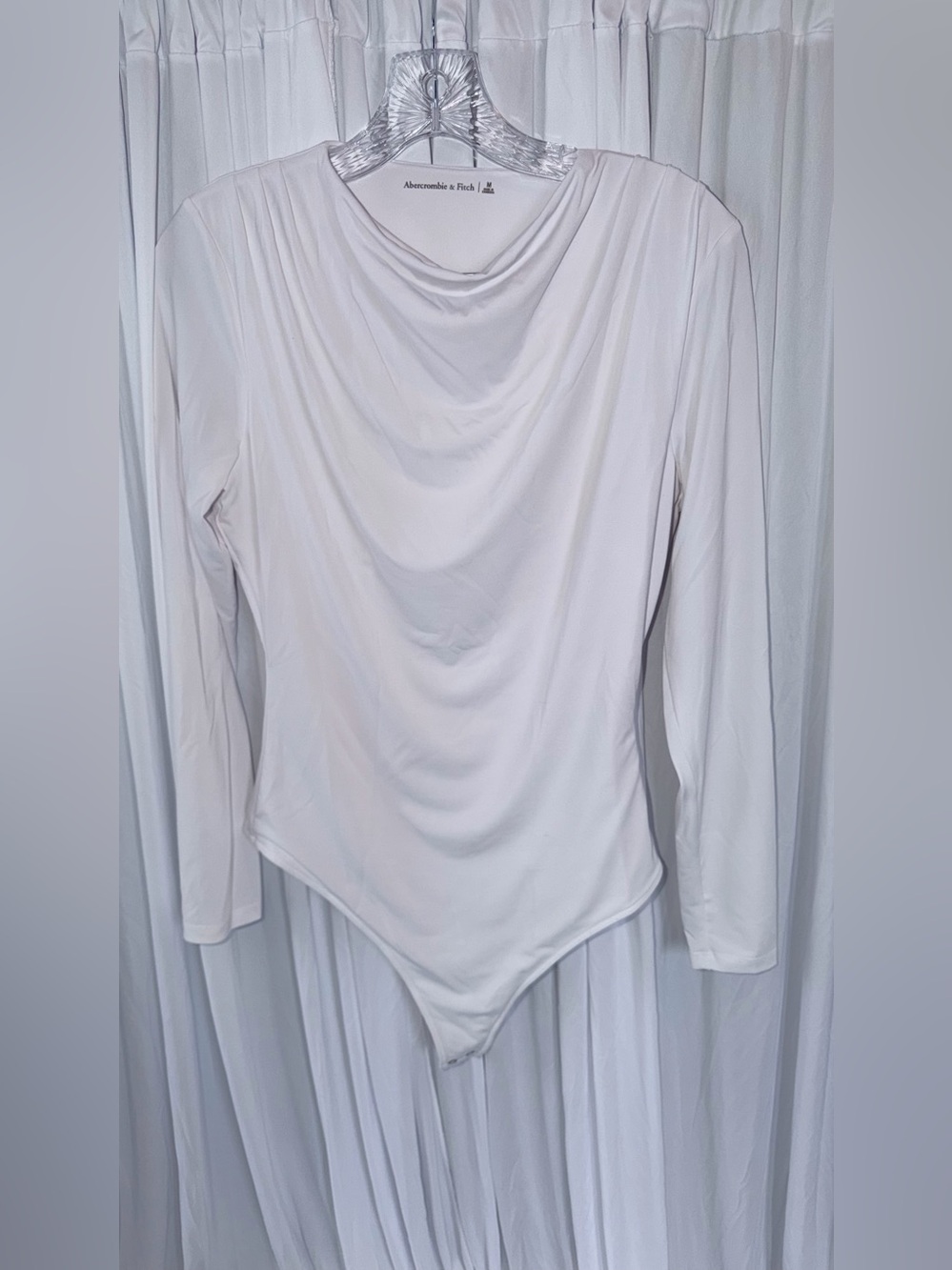 Abercrombie & Fitch White Draped Cowl Long-Sleeve Bodysuit